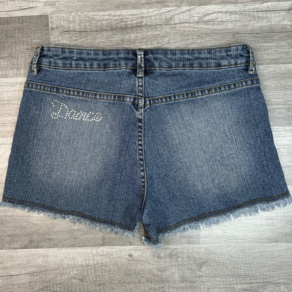 Y2K Style Mid Rise Denim Jean Backpocketless Shorts Rhinestones  “Dance” Size 11